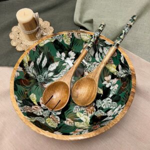 Wooden bowl and cutlery with glossy resin coated,Size:-10″/ 4″