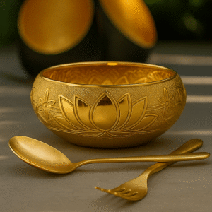 brass bowl with brass cutlery set