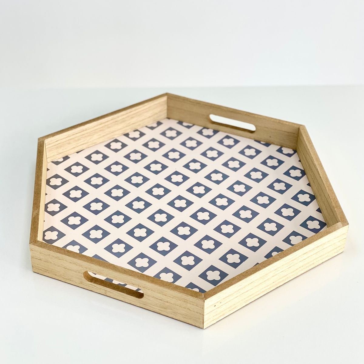 Wooden hexagon tray with glossy resin coated, size:-14"