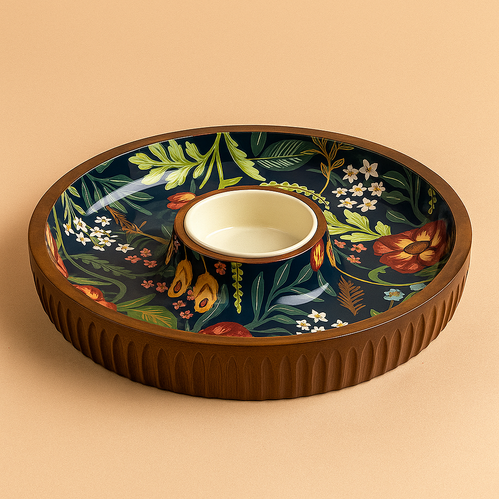 Wooden Round Chip with Ceramic Dip, size:-12"