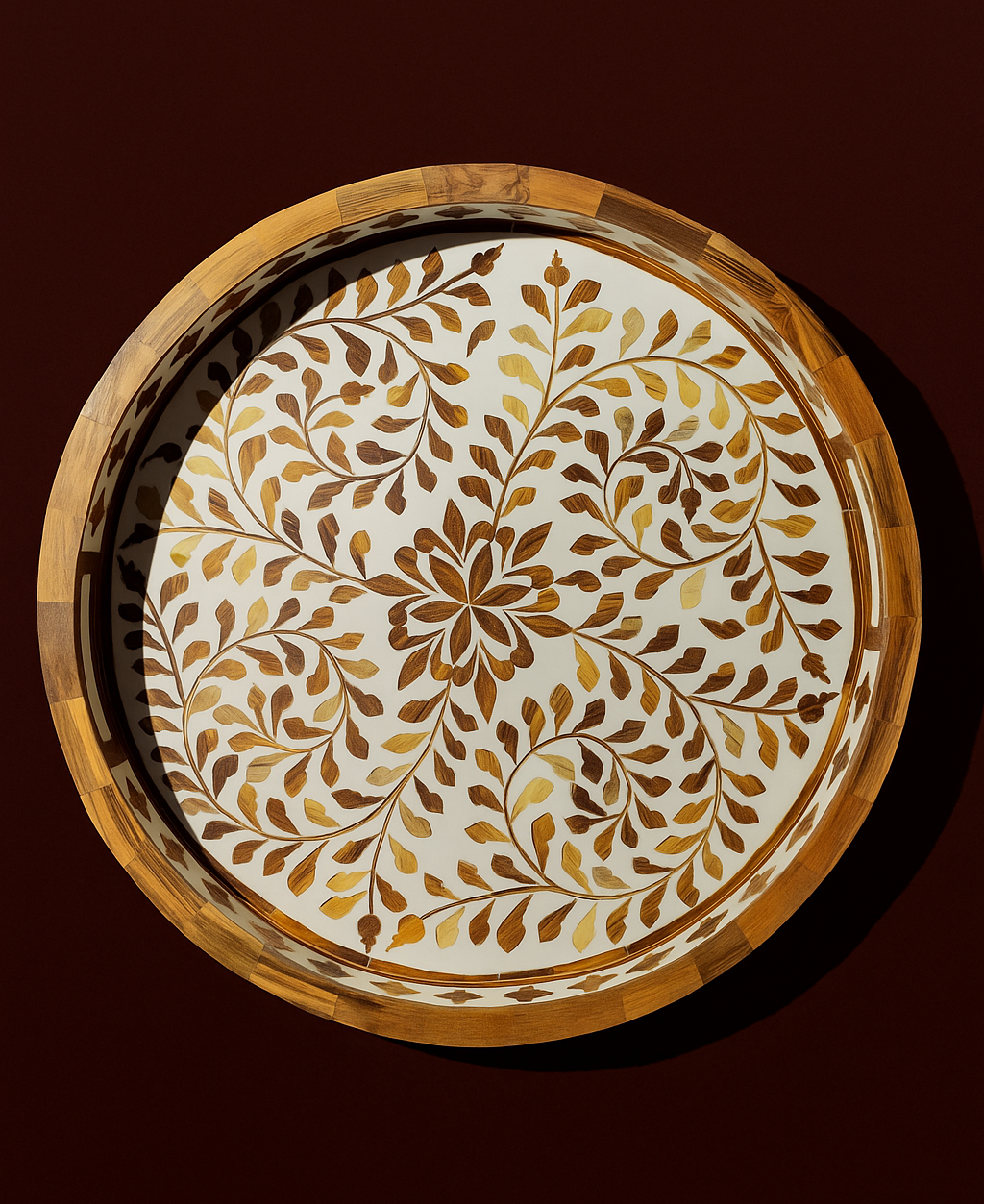 Wooden Round Tray with MOP Finish, size:- 14"